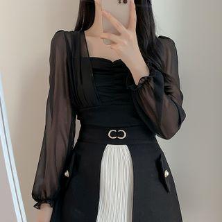 Puff-sleeve Square-neck Shirred Blouse
