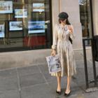 Tie-neck Marble-pattern Pleated Dress Beige - One Size