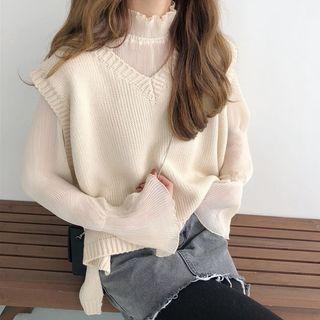 V-neck Dip Back Knit Vest / Long-sleeve Mock-neck Sheer Top