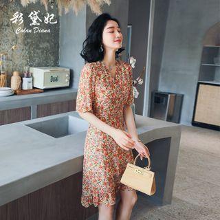 Floral Short-sleeve V-neck Ruffle Hem Mini A-line Dress