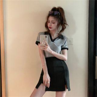 Short-sleeve Polo Shirt / Slit Mini Pencil Skirt