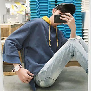 3/4-sleeve Contrast Hooded Pullover