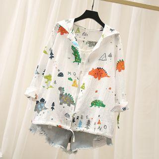 Printed Single-breasted Hooded Linen Jacket