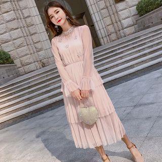 Bell-sleeve Midi Layered Mesh Dress