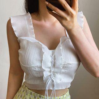 Sleeveless Lace-up Pleated Crop Top