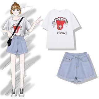 Flower Print Short-sleeve T-shirt / Denim Shorts