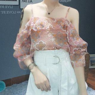 Set: Off Shoulder Elbow-sleeve Top + Wide Leg Shorts