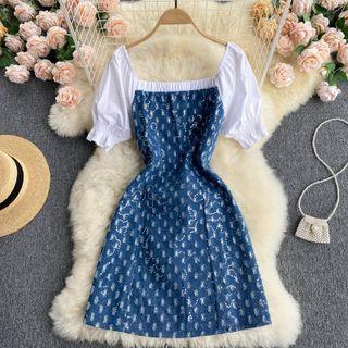 Puff-sleeve Panel Ripped Denim Dress