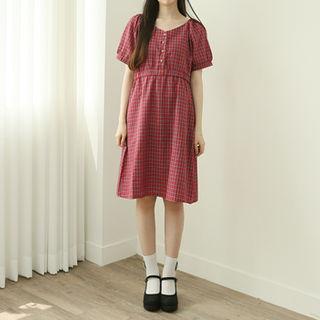 Puff-sleeve Plaid Shirtwaist Dress