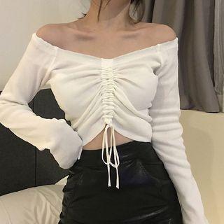 Drawstring Off-shoulder Long-sleeve T-shirt
