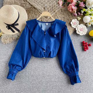 Ruffled Collar Bell-sleeve Denim Shirt Blue - One Size