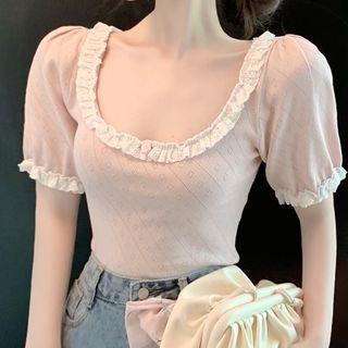 Puff-sleeve Knit Cropped T-shirt Pink - One Size