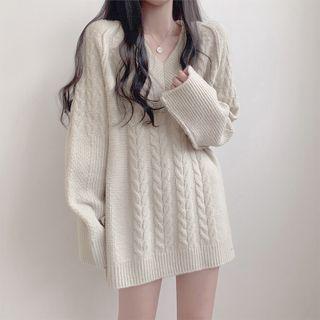 Slit Cable Knit Mini Sweater Dress