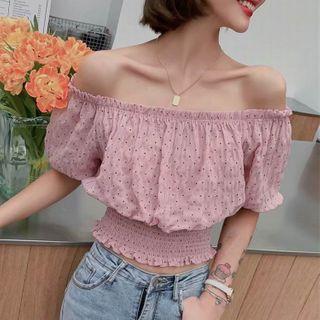 Dotted Puff-sleeve Cropped Blouse