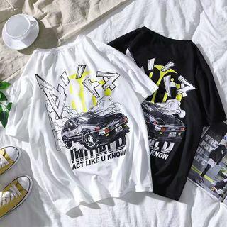 Short-sleeve Round Neck Car Print Lettering T-shirt
