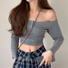 Long-sleeve Off-shoulder T-shirt Gray - One Size