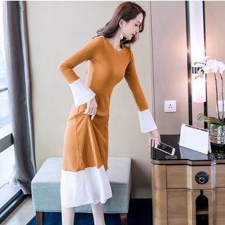 Color Block Long-sleeve Midi A-line Dress