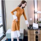 Color Block Long-sleeve Midi A-line Dress