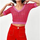 V-neck Short-sleeve Patterned Cropped Sweater Rose Pink - One Size