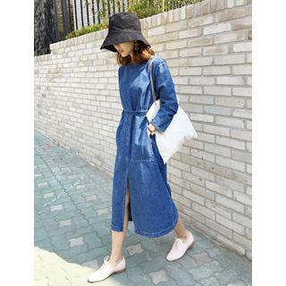 Slit-front Denim Long Dress With Sash