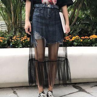 Denim Inset Mesh Midi Skirt