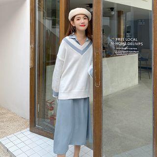 Contrast Trim Sweater / Long-sleeve Midi Shirtdress / Set