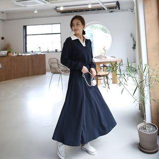 Contrast-collar Anorak & Flared Long Skirt Sweatsuit Set