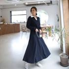 Contrast-collar Anorak & Flared Long Skirt Sweatsuit Set