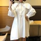 Collared Long-sleeve A-line Dress White - One Size