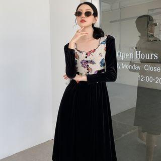 Long-sleeve Butterfly Print Velvet Midi Dress