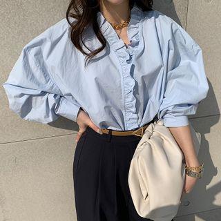 V-neck Frill-trim Blouse Sky Blue - One Size