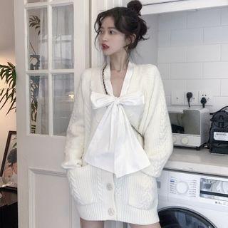 Bow Accent Blouse / Cable-knit Cardigan
