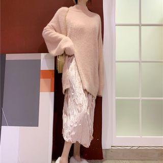 Set: Slit Sweater + Crinkle A-line Midi Skirt