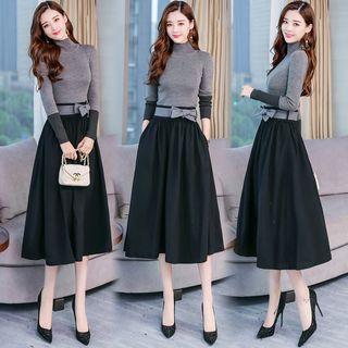 Set: Mock Turtleneck Knit Top + Midi A-line Skirt