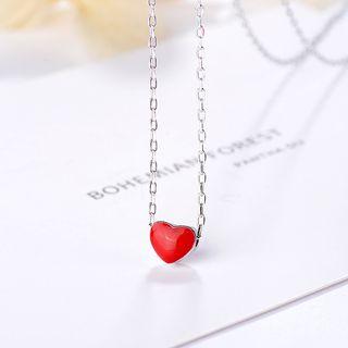 925 Sterling Silver Heart Necklace Set - Silver & Red - One Size