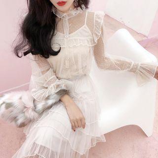 Set: Mesh Long-sleeve Blouse + Spaghetti Strap Top
