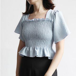 Gingham Shirred Short-sleeve Top