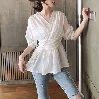 V-neck Elbow-sleeve Peplom Top