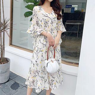 3/4-sleeve Floral A-line Midi Chiffon Dress