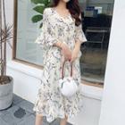 3/4-sleeve Floral A-line Midi Chiffon Dress
