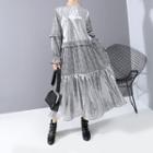 Bell-sleeve Floral Midi A-line Dress Silver Gray - One Size