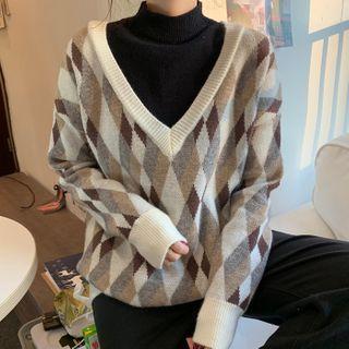 Mock Two-piece Mock-neck Argyle Sweater
