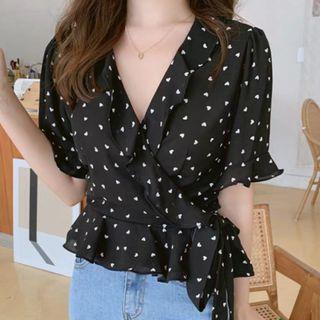 V-neck Ruffle Cropped Bell-sleeve Chiffon Shirt