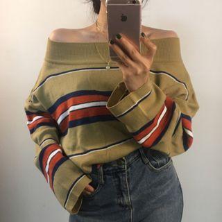 Off Shoulder Striped Knit Top Khaki - One Size