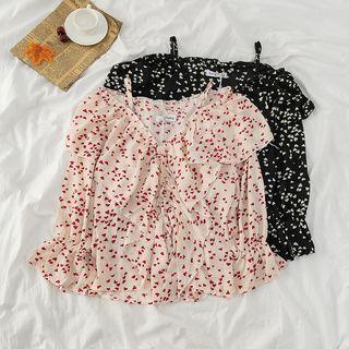 Off-shoulder Heart Print Ruffled Blouse