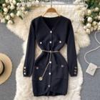 V-neck Pocket Knit Long-sleeve Dress Black - One Size