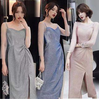 Slit-side Glitter Panel Midi Dress