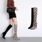 Pointy Toe Snake Pattern Panel High Heel Tall Boots