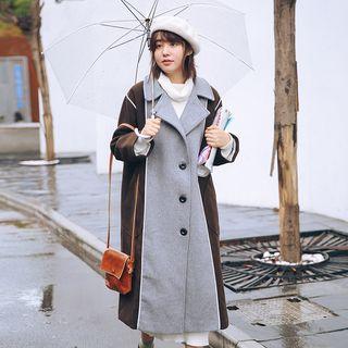 Color Panel Collared Long Woolen Coat