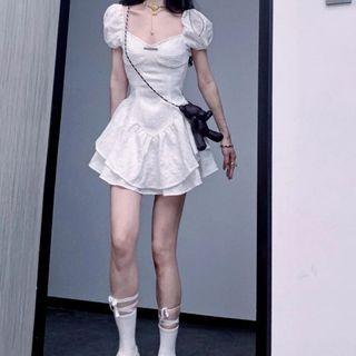 Set: Puff-sleeve Lace Mini A-line Dress + Skort